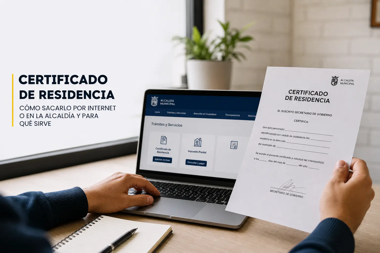Pessoa com laptop e Certificado de Residência
