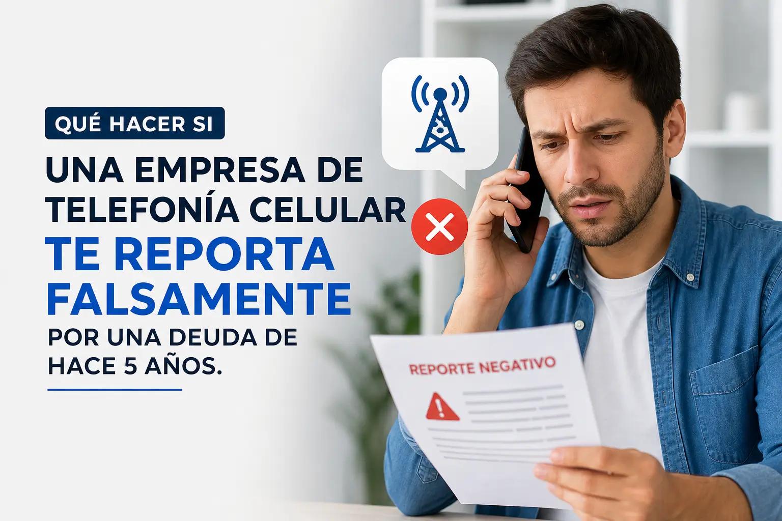 Homem em camisa azul ao telefone com documento 'Reporte Negativo'