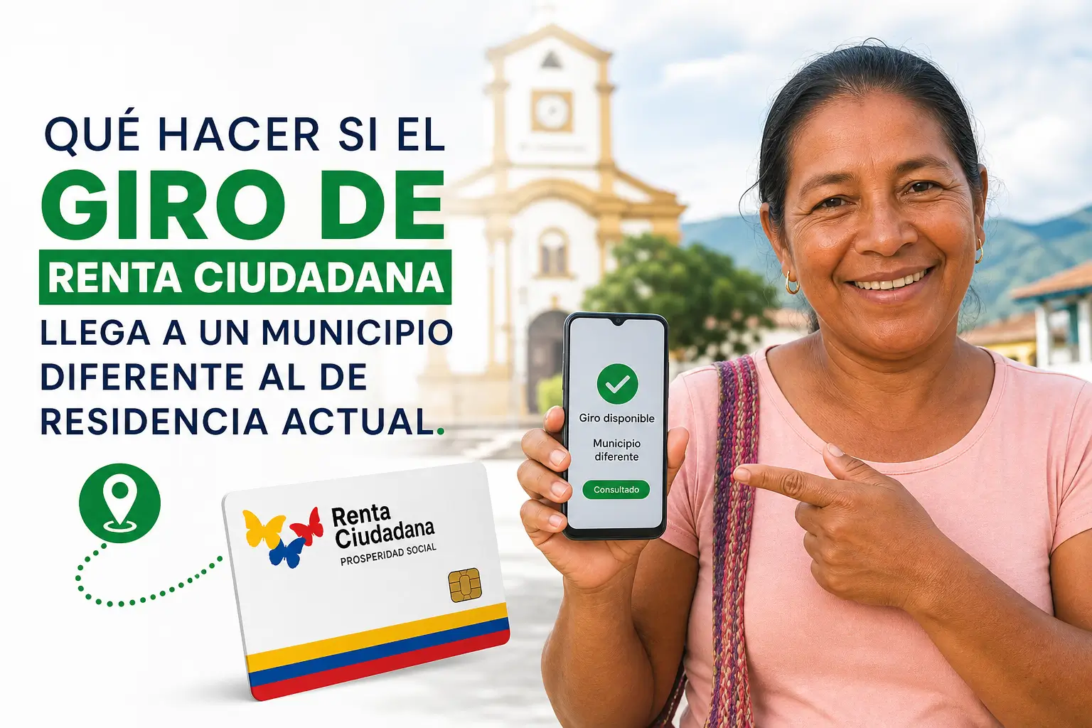Mulher sorridente com celular exibindo 'Giro disponível' e 'Renta Ciudadana'