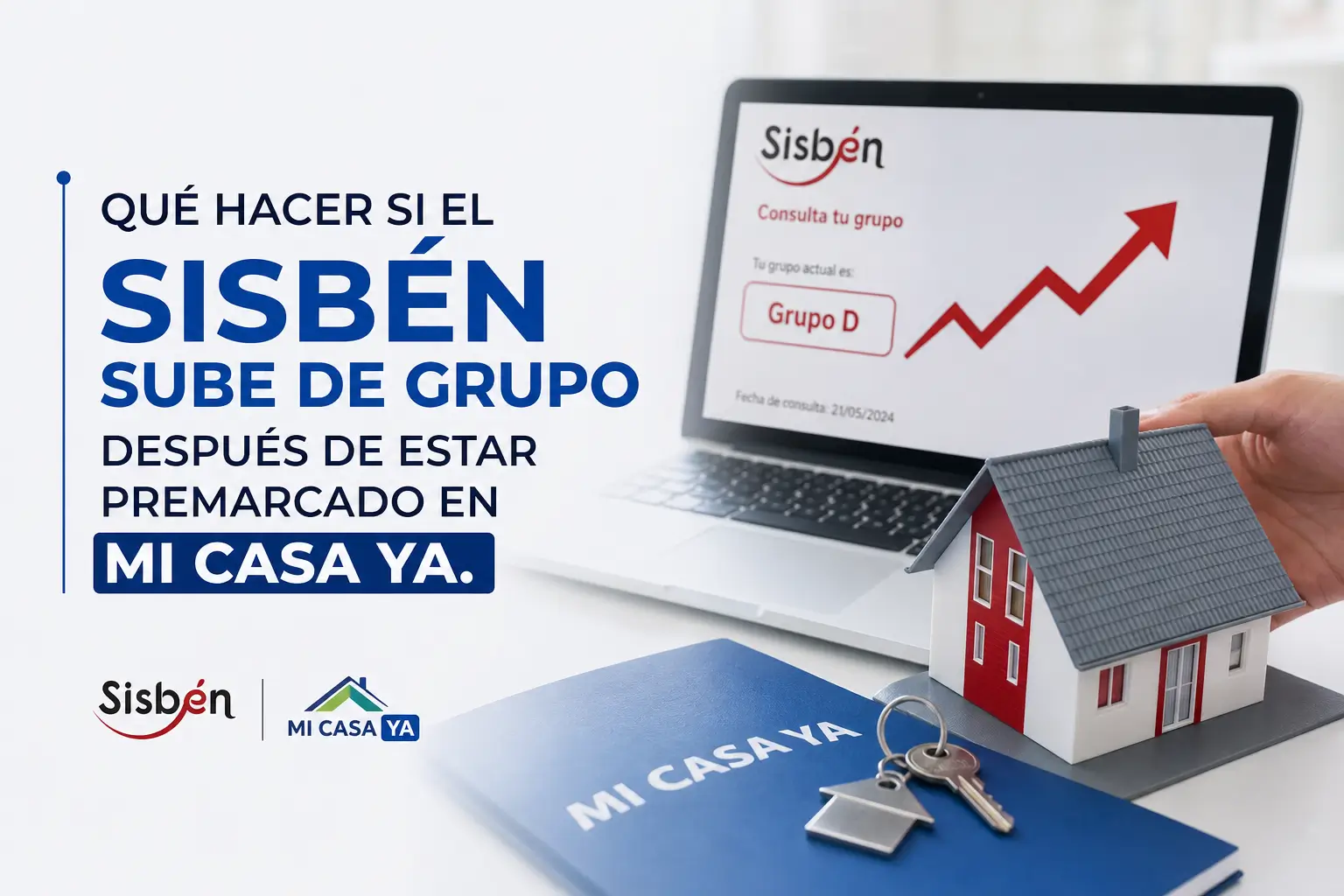 Sisbén plataforma na tela de laptop com gráfico ascendente e mão segurando casa