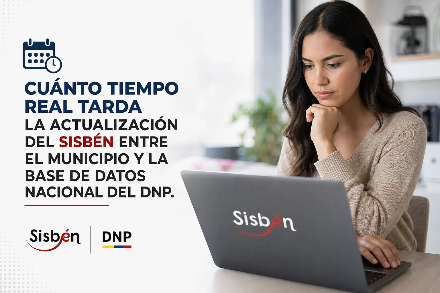 Mulher pensando com laptop e logotipo do Sisbén