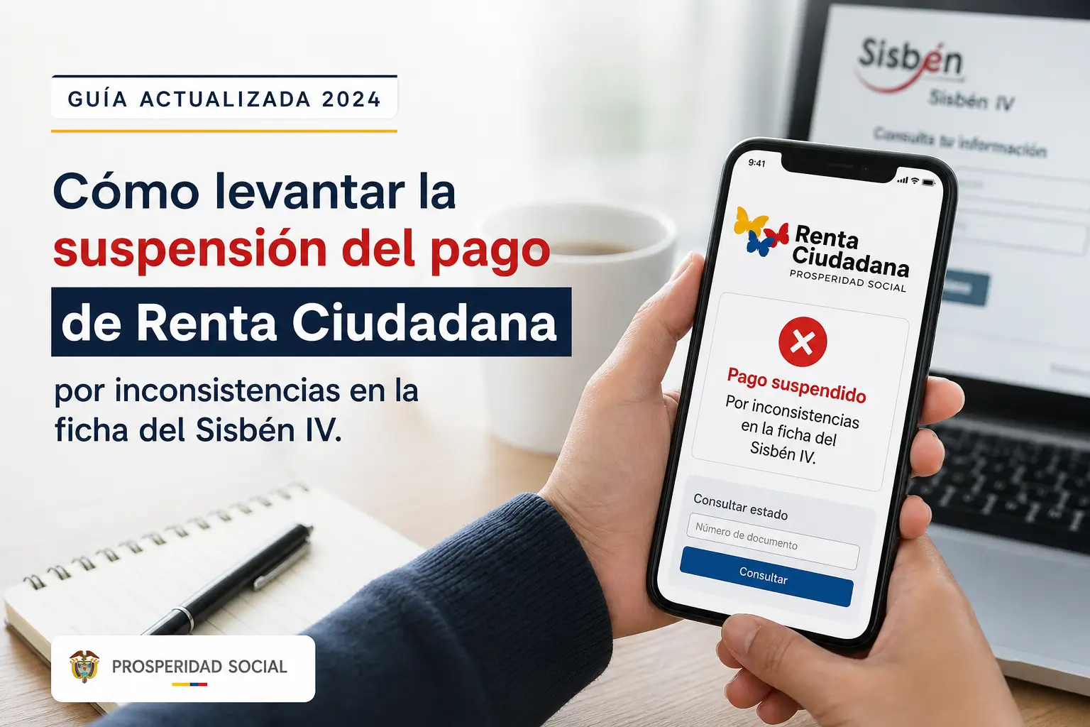 Pessoa com app Renta Ciudadana mostrando pagamento suspenso