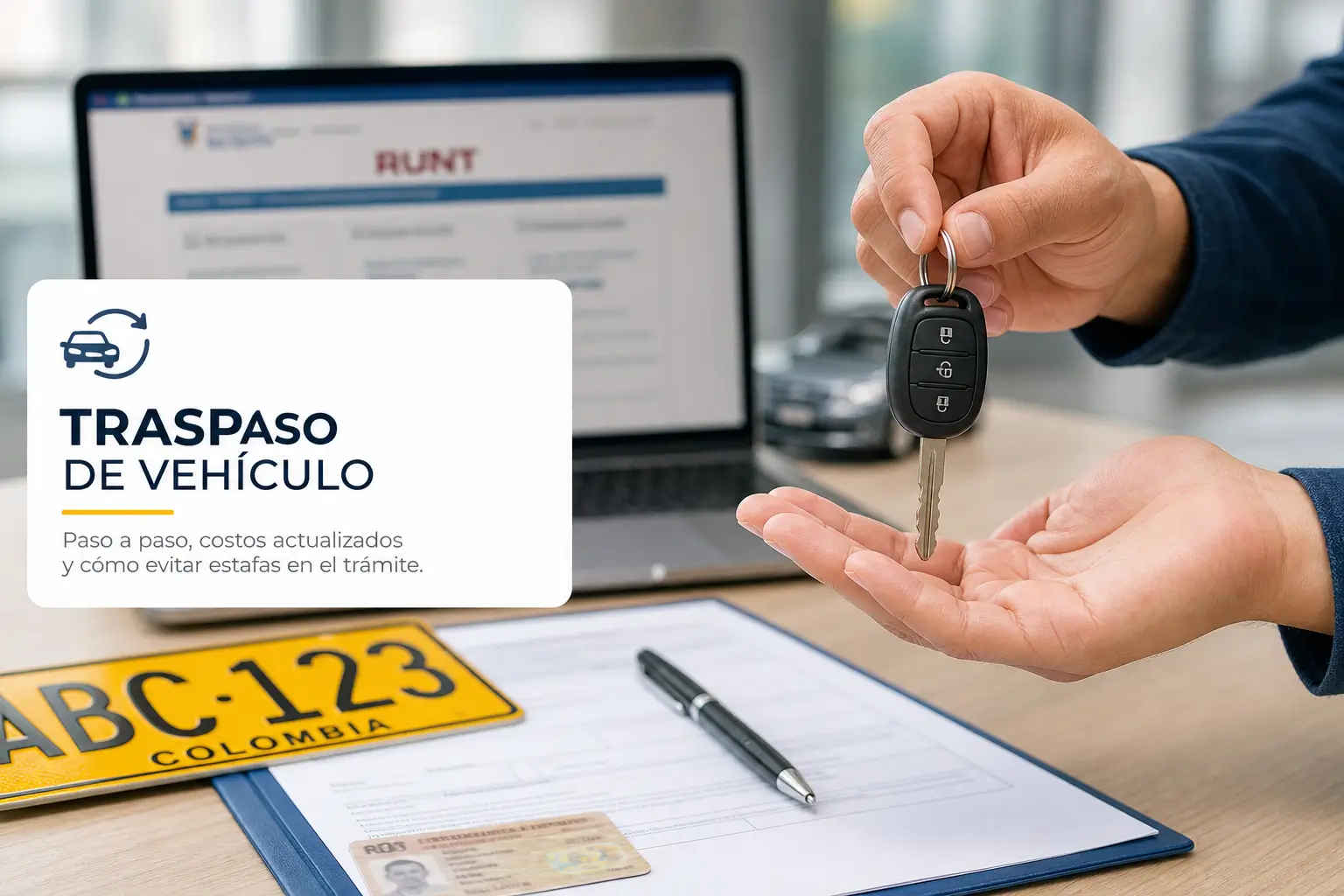 Chave de carro com documentos ao fundo, TRASPASO DE VEHÍCULO